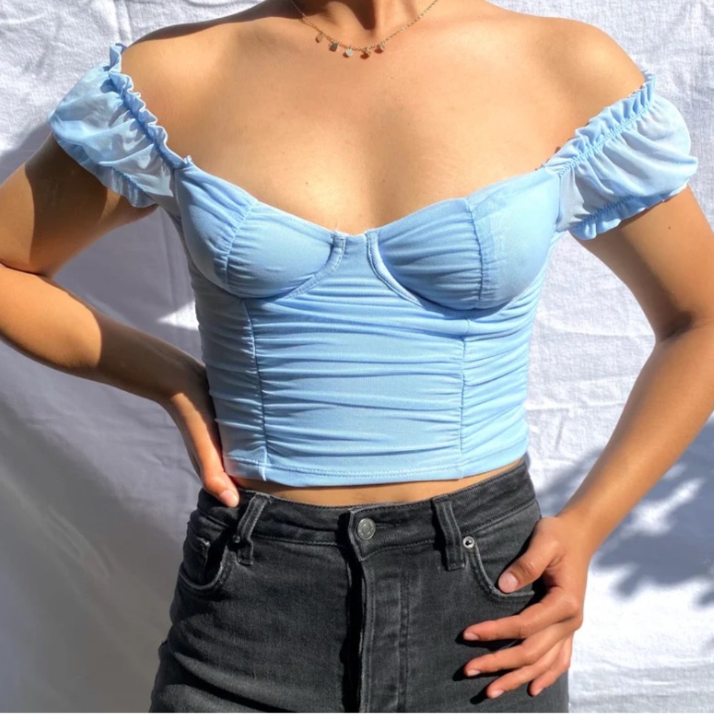 Grey Bandit Baby Blue Ruched Mesh Crop Top Size Medium